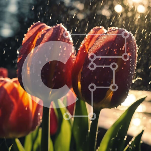 Intra Συλλεκτικό Ξύλινο Παζλ Plywood  4mm - Κόκκινες τουλίπες στη βροχή με σταγονίδια νερού Σε Ξύλινο Κουτί - Διαστάσεις: 10x10 cm – 25 κομμάτια