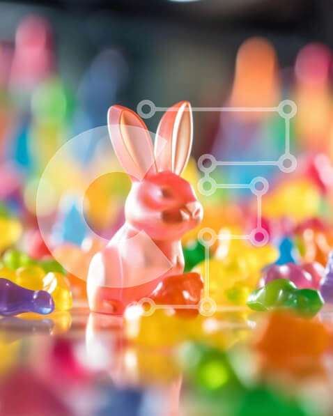 Intra Συλλεκτικό Ξύλινο Παζλ Plywood  4mm - Ειδώλιο Πασχαλινό λαγουδάκι με πολύχρωμες κολλώδεις αρκούδες και τσίχλες Σε Ξύλινο Κουτί - Διαστάσεις Puzzle: 10x10 cm – 25 κομμάτια