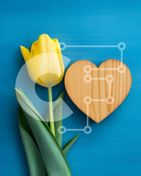 Intra Συλλεκτικό Ξύλινο Παζλ Plywood  4mm - Κίτρινη τουλίπα και πλαίσιο σε σχήμα καρδιάς σε αφηρημένο μπλε φόντο Σε Ξύλινο Κουτί - Διαστάσεις: 10x10 cm – 25 κομμάτια