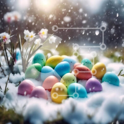 Intra Συλλεκτικό Ξύλινο Παζλ Plywood  4mm - Πολύχρωμα Πασχαλινά αυγά στο χιόνι με λουλούδια και πράσινο γρασίδι Σε Ξύλινο Κουτί - Διαστάσεις: 10x10 cm – 25 κομμάτια - Image 1