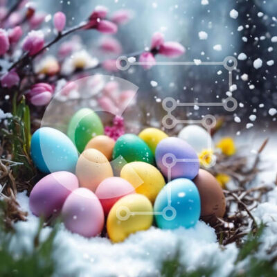 Intra Συλλεκτικό Ξύλινο Παζλ Plywood  4mm - Πολύχρωμα Πασχαλινά αυγά στο χιόνι με ροζ και άσπρα λουλούδια Σε Ξύλινο Κουτί - Διαστάσεις Puzzle: 10x10 cm – 25 κομμάτια - Image 1