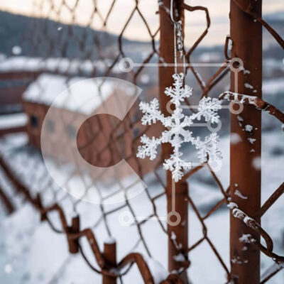 Intra Συλλεκτικό Ξύλινο Παζλ Plywood  4mm - Νιφάδα χιονιού που κρέμεται από φράχτη με αλυσίδες μπροστά από το βιομηχανικό κτίριο Σε Ξύλινο Κουτί - Διαστάσεις Puzzle: 10x10 cm – 25 κομμάτια - Image 1