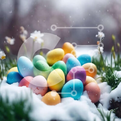 Intra Συλλεκτικό Ξύλινο Παζλ Plywood  4mm - Πολύχρωμα Πασχαλινά αυγά στο χιόνι με λουλούδια και πράσινο γρασίδι Σε Ξύλινο Κουτί - Διαστάσεις: 10x10 cm – 25 κομμάτια - Image 1