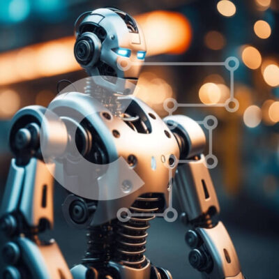 Intra Συλλεκτικό Ξύλινο Παζλ Plywood  4mm - Ασημένιο ρομπότ μπροστά από το φωτισμένο αστικό τοπίο Σε Ξύλινο Κουτί - Διαστάσεις Puzzle: 10x10 cm – 25 κομμάτια - Image 1