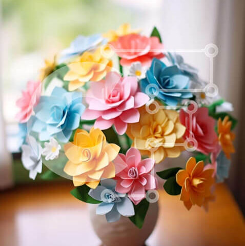 Intra Συλλεκτικό Ξύλινο Παζλ Plywood 4mm - Πολύχρωμα χάρτινα λουλούδια σε λευκό βάζο σε ανοιχτό παράθυρο Σε Ξύλινο Κουτί - Διαστάσεις Puzzle: 10x10 cm – 25 κομμάτια - Image 1