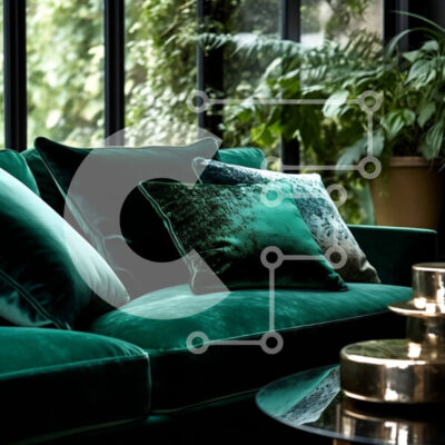 Intra Συλλεκτικό Ξύλινο Παζλ Plywood  4mm - Άνετο και άνετο σαλόνι με πράσινο βελούδινο καναπέ και θέα στον κήπο Σε Ξύλινο Κουτί - Διαστάσεις Puzzle: 10x10 cm – 25 κομμάτια - Image 1