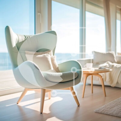 Intra Συλλεκτικό Ξύλινο Παζλ Plywood  4mm - Εκπληκτικό σαλόνι με θέα στον ωκεανό και πράσινη πολυθρόνα Σε Ξύλινο Κουτί - Διαστάσεις Puzzle: 10x10 cm – 25 κομμάτια - Image 1