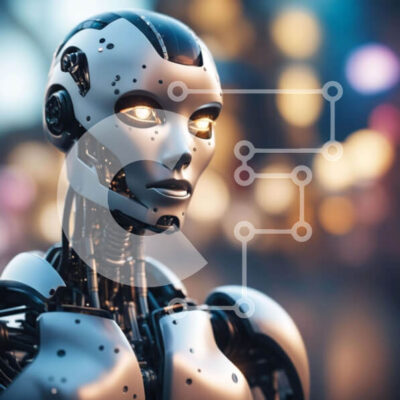 Intra Συλλεκτικό Ξύλινο Παζλ Plywood 4mm - Κοντινό πλάνο ρομπότ τεχνητής νοημοσύνης με φωτεινά κίτρινα μάτια Σε Ξύλινο Κουτί - Διαστάσεις Puzzle: 10x10 cm – 25 κομμάτια - Image 1