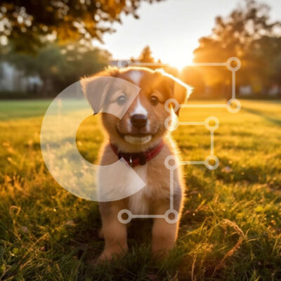 Intra Συλλεκτικό Ξύλινο Παζλ Plywood  4mm - Αξιολάτρευτο κουτάβι με κόκκινο κολάρο που κάθεται στο γρασίδι στο ηλιοβασίλεμα Σε Ξύλινο Κουτί - Διαστάσεις: 10x10 cm – 25 κομμάτια - Image 1