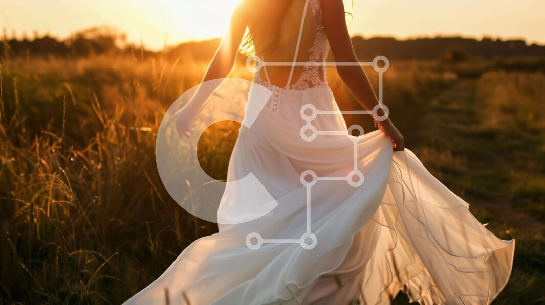 Intra Συλλεκτικό Ξύλινο Παζλ Plywood  4mm - Κομψή γυναίκα με λευκό φόρεμα που περπατά μέσα από το χορταριασμένο χωράφι στο ηλιοβασίλεμα Σε Ξύλινο Κουτί - Διαστάσεις Puzzle: 10x10 cm – 25 κομμάτια