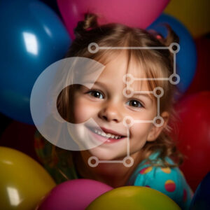 Intra Συλλεκτικό Ξύλινο Παζλ Plywood  4mm - Χαμογελώντας νεαρό κορίτσι που περιβάλλεται από πολύχρωμα μπαλόνια Σε Ξύλινο Κουτί - Διαστάσεις Puzzle: 10x10 cm – 25 κομμάτια