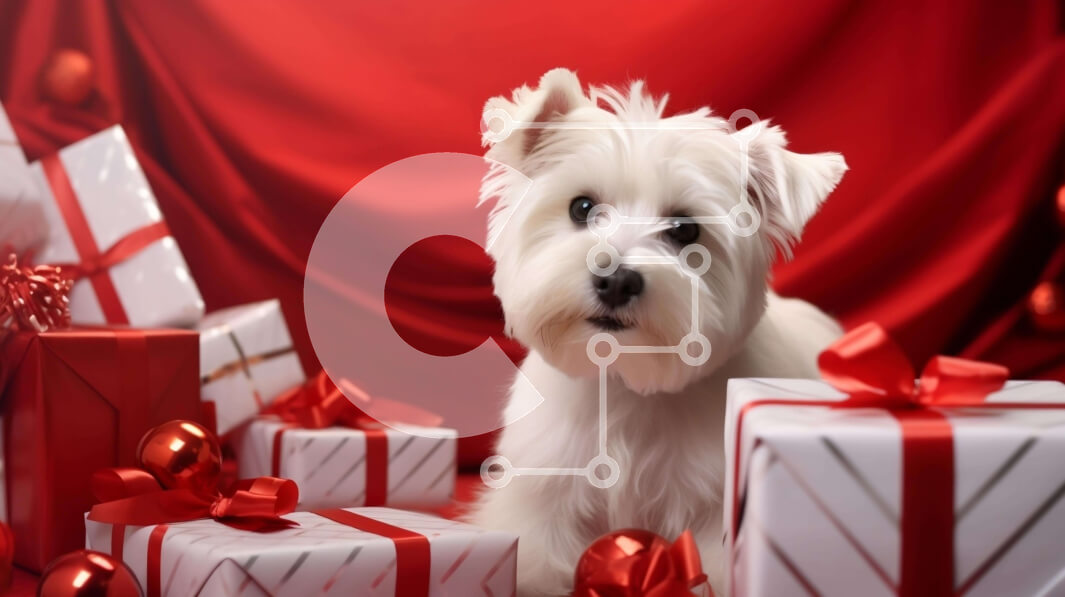 Intra Συλλεκτικό Ξύλινο Παζλ Plywood  4mm - Λευκό σκυλί που κάθεται σε κόκκινα κουτιά δώρων και χαρτί περιτυλίγματος Σε Ξύλινο Κουτί - Διαστάσεις: 10x10 cm – 25 κομμάτια