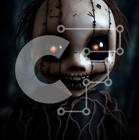 Intra Συλλεκτικό Ξύλινο Παζλ Plywood  4mm - Ανατριχιαστική κούκλα με κόκκινα μάτια Σε Ξύλινο Κουτί - Διαστάσεις Puzzle: 10x10 cm – 25 κομμάτια - Image 1