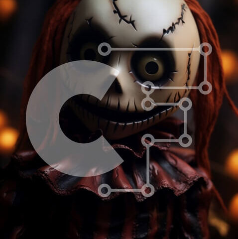 Intra Συλλεκτικό Ξύλινο Παζλ Plywood  4mm - Ανατριχιαστική κούκλα με κόκκινα μαλλιά και μαύρα μάτια Σε Ξύλινο Κουτί - Διαστάσεις Puzzle: 10x10 cm – 25 κομμάτια - Image 1