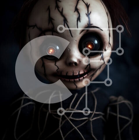 Intra Συλλεκτικό Ξύλινο Παζλ Plywood  4mm - Ανατριχιαστική κούκλα με κόκκινα μάτια και μαύρα ρούχα Σε Ξύλινο Κουτί - Διαστάσεις Puzzle: 10x10 cm – 25 κομμάτια - Image 1