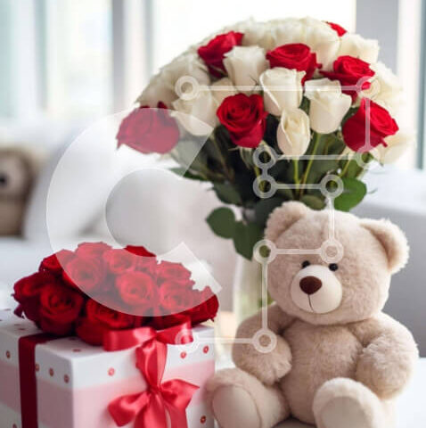 Intra Συλλεκτικό Ξύλινο Παζλ Plywood 4mm - Δώρο αρκουδάκι και τριαντάφυλλα για ειδική περίσταση Σε Ξύλινο Κουτί - Διαστάσεις: 10x10 cm – 25 κομμάτια - Image 1