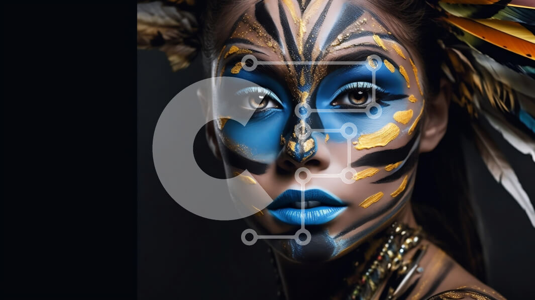 Intra Συλλεκτικό Ξύλινο Παζλ Plywood  4mm - Εκπληκτική εικόνα γυναίκας με μπλε και χρυσό πρόσωπο και φτερωτό κάλυμμα κεφαλής Σε Ξύλινο Κουτί - Διαστάσεις Puzzle: 10x10 cm – 25 κομμάτια