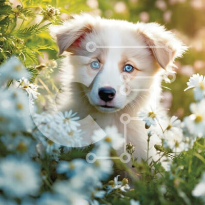 Intra Συλλεκτικό Ξύλινο Παζλ Plywood  4mm - Αξιολάτρευτη εικόνα ενός λευκού και καφέ σκύλου που περιβάλλεται από μαργαρίτες Σε Ξύλινο Κουτί - Διαστάσεις: 10x10 cm – 25 κομμάτια - Image 1