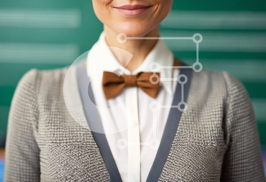 Intra Συλλεκτικό Ξύλινο Παζλ Plywood  4mm - Γυναίκα δασκάλα με καφέ παπιγιόν που στέκεται μπροστά από τον πίνακα κιμωλίας Σε Ξύλινο Κουτί - Διαστάσεις Puzzle: 10x10 cm – 25 κομμάτια