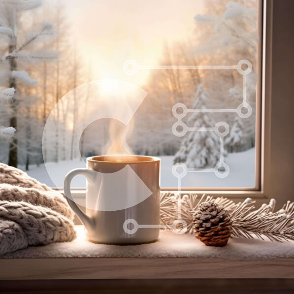 Intra Συλλεκτικό Ξύλινο Παζλ Plywood  4mm - Ζεστός καφές στο περβάζι παραθύρου με νιφάδα χιονιού Σε Ξύλινο Κουτί - Διαστάσεις Puzzle: 10x10 cm – 25 κομμάτια