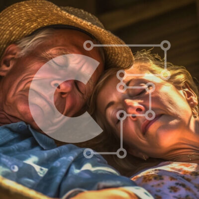 Intra Συλλεκτικό Ξύλινο Παζλ Plywood  4mm - Ηλικιωμένο ζευγάρι κοιμάται μαζί με ψάθινα καπέλα Σε Ξύλινο Κουτί - Διαστάσεις Puzzle: 10x10 cm – 25 κομμάτια - Image 1