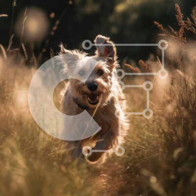 Intra Συλλεκτικό Ξύλινο Παζλ Plywood  4mm - Αξιολάτρευτη εικόνα του μικρού σκύλου που τρέχει σε ένα χωράφι στο ηλιοβασίλεμα Σε Ξύλινο Κουτί - Διαστάσεις: 10x10 cm – 25 κομμάτια - Image 1