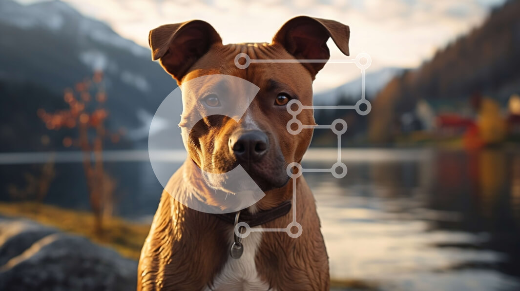 Intra Συλλεκτικό Ξύλινο Παζλ Plywood  4mm - Καφέ και λευκό σκυλί στη βραχώδη ακτή με την οροσειρά στο φόντο Σε Ξύλινο Κουτί - Διαστάσεις: 10x10 cm – 25 κομμάτια