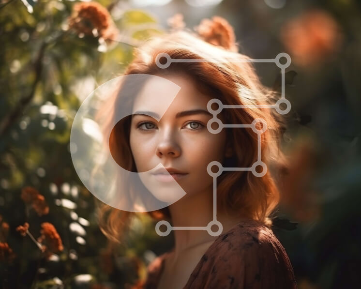 Intra Συλλεκτικό Ξύλινο Παζλ Plywood  4mm - Σοβαρή κοκκινομάλλα γυναίκα με λουλουδάτο φόρεμα που στέκεται σε έναν κήπο Σε Ξύλινο Κουτί - Διαστάσεις Puzzle: 10x10 cm – 25 κομμάτια