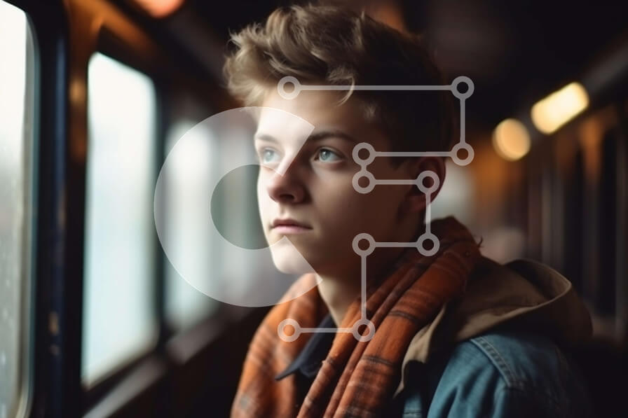 Intra Συλλεκτικό Ξύλινο Παζλ Plywood  4mm - Πορτρέτο ενός νεαρού άνδρα που φορά ένα κασκόλ κοιτάζοντας έξω το παράθυρο τρένου Σε Ξύλινο Κουτί - Διαστάσεις Puzzle: 10x10 cm – 25 κομμάτια