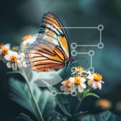 Intra Συλλεκτικό Ξύλινο Παζλ Plywood  4mm - Πορτοκαλί και μαύρη πεταλούδα σε λουλούδι με λευκά λουλούδια στο φόντο Σε Ξύλινο Κουτί - Διαστάσεις: 10x10 cm – 25 κομμάτια - Image 1