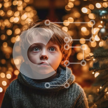 Intra Συλλεκτικό Ξύλινο Παζλ Plywood  4mm - Αξιολάτρευτη εικόνα ενός περίεργου νεαρού αγοριού μπροστά από το στολισμένο χριστουγεννιάτικο δέντρο Σε Ξύλινο Κουτί - Διαστάσεις: 10x10 cm – 25 κομμάτια - Image 1