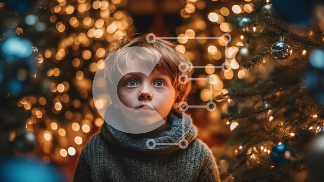 Intra Συλλεκτικό Ξύλινο Παζλ Plywood  4mm - Αξιολάτρευτη εικόνα ενός περίεργου νεαρού αγοριού μπροστά από το στολισμένο χριστουγεννιάτικο δέντρο Σε Ξύλινο Κουτί - Διαστάσεις: 10x10 cm – 25 κομμάτια