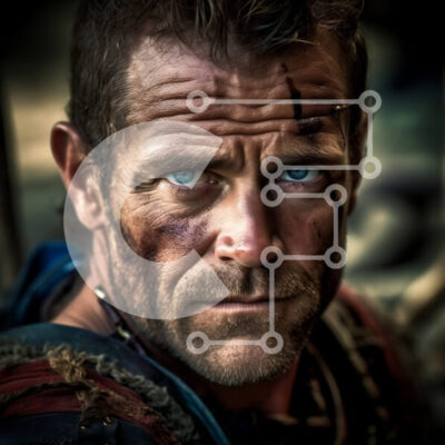 Intra Συλλεκτικό Ξύλινο Παζλ Plywood  4mm - Έντονο πορτρέτο ενός τραχύ άνδρα με διαπεραστικά μπλε μάτια και ένα μεγάλο σπαθί Σε Ξύλινο Κουτί - Διαστάσεις Puzzle: 10x10 cm – 25 κομμάτια - Image 1