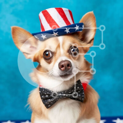 Intra Συλλεκτικό Ξύλινο Παζλ Plywood  4mm - Αξιολάτρευτη εικόνα μικρού σκύλου που φοράει πατριωτικό καπέλο και παπιγιόν Σε Ξύλινο Κουτί - Διαστάσεις: 10x10 cm – 25 κομμάτια - Image 1