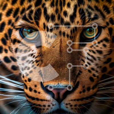 Intra Συλλεκτικό Ξύλινο Παζλ Plywood 4mm - Εκπληκτική κοντινή πλάνο του προσώπου της λεοπάρδαλης με αιχμηρά μουστάκια και έντονα κίτρινα μάτια Σε Ξύλινο Κουτί - Διαστάσεις: 10x10 cm – 25 κομμάτια - Image 1