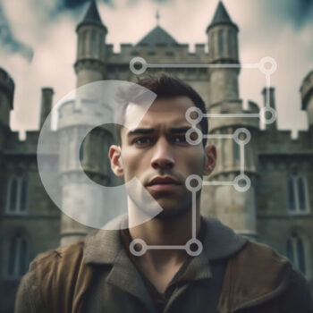 Intra Συλλεκτικό Ξύλινο Παζλ Plywood  4mm - Σοβαρός άνδρας που στέκεται μπροστά από ένα παλιό κάστρο με συννεφιασμένο ουρανό Σε Ξύλινο Κουτί - Διαστάσεις Puzzle: 10x10 cm – 25 κομμάτια - Image 1