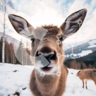 Intra Συλλεκτικό Ξύλινο Παζλ Plywood  4mm - Άποψη από κοντά του προσώπου ενός ελαφιού στο χιονισμένο ορεινό τοπίο Σε Ξύλινο Κουτί - Διαστάσεις: 10x10 cm – 25 κομμάτια - Image 1