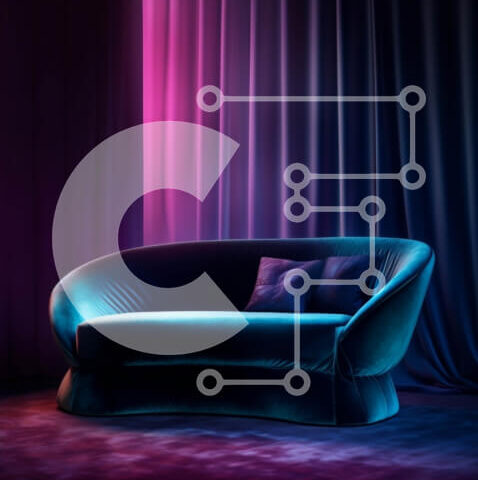 Intra Συλλεκτικό Ξύλινο Παζλ Plywood  4mm - Κομψός μπλε καναπές με εντυπωσιακό ροζ και μωβ φωτισμό Σε Ξύλινο Κουτί - Διαστάσεις Puzzle: 10x10 cm – 25 κομμάτια - Image 1