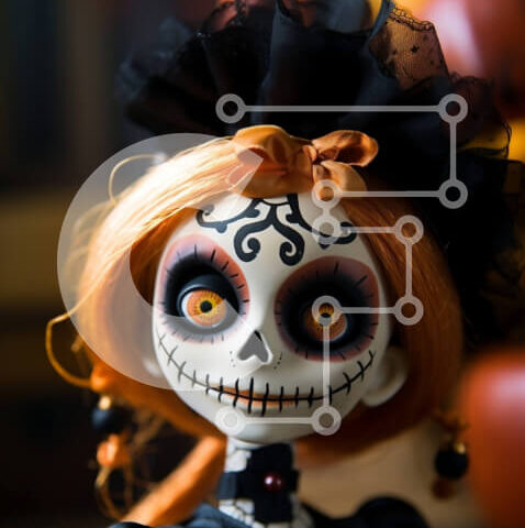 Intra Συλλεκτικό Ξύλινο Παζλ Plywood  4mm - Κούκλα Dia de los Muertos Sugar Skull με πορτοκαλί μαλλιά και περίτεχνο μακιγιάζ Σε Ξύλινο Κουτί - Διαστάσεις Puzzle: 10x10 cm – 25 κομμάτια - Image 1