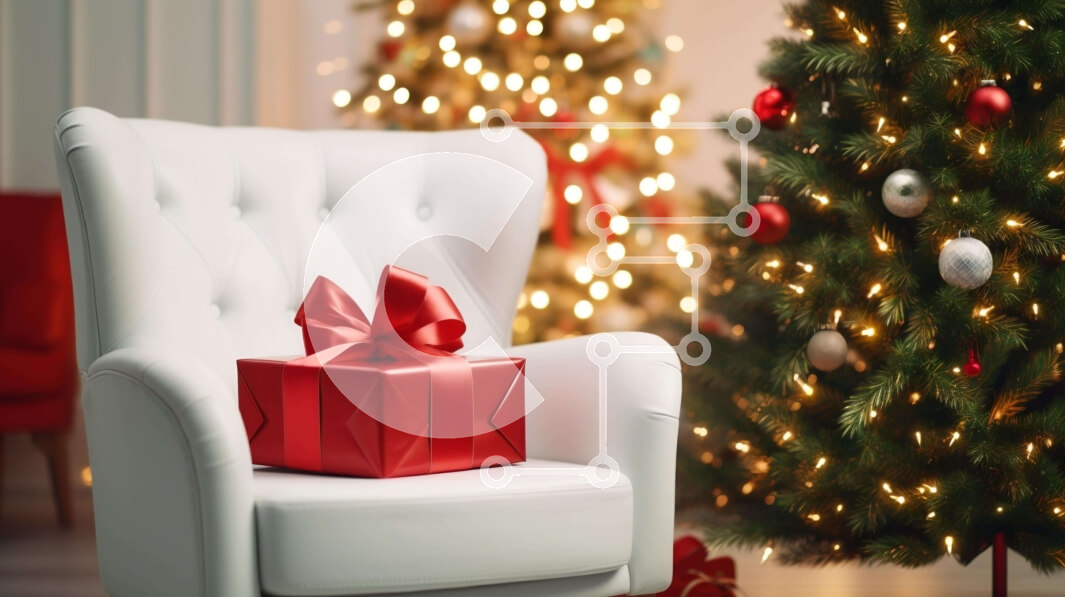 Intra Συλλεκτικό Ξύλινο Παζλ Plywood  4mm - Λευκή καρέκλα με χριστουγεννιάτικο δέντρο και κουτί δώρου Σε Ξύλινο Κουτί - Διαστάσεις: 10x10 cm – 25 κομμάτια