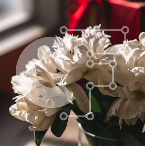 Intra Συλλεκτικό Ξύλινο Παζλ Plywood 4mm - Λευκό μπουκέτο λουλουδιών σε διαφανές γυάλινο βάζο με κόκκινο κουτί δώρου Σε Ξύλινο Κουτί - Διαστάσεις Puzzle: 10x10 cm – 25 κομμάτια - Image 1