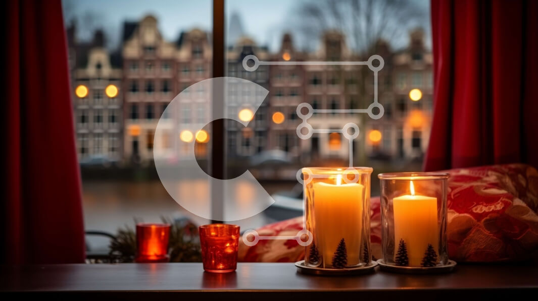 Intra Συλλεκτικό Ξύλινο Παζλ Plywood  4mm - Κηροπήγια σε περβάζι παραθύρου με θέα στην πόλη και μπαλόνια Σε Ξύλινο Κουτί - Διαστάσεις: 10x10 cm – 25 κομμάτια