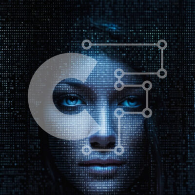 Intra Συλλεκτικό Ξύλινο Παζλ Plywood 4mm - Ψηφιακή Τέχνη: Pixelated Γυναικείο Πρόσωπο με ασπρόμαυρο τετράγωνο φόντο και μπλε κουκκίδες Σε Ξύλινο Κουτί - Διαστάσεις Puzzle: 10x10 cm – 25 κομμάτια - Image 1