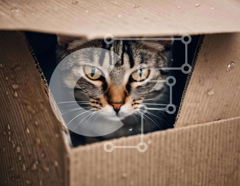 Intra Συλλεκτικό Ξύλινο Παζλ Plywood  4mm - Περίεργη γάτα που κρυφοκοιτάζει από ένα ανοιχτό χάρτινο κουτί Σε Ξύλινο Κουτί - Διαστάσεις: 10x10 cm – 25 κομμάτια