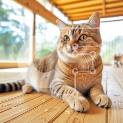Intra Συλλεκτικό Ξύλινο Παζλ Plywood  4mm - Αξιολάτρευτη ριγέ γάτα με μια περίεργη έκφραση που κάθεται σε ένα ξύλινο πάτωμα Σε Ξύλινο Κουτί - Διαστάσεις: 10x10 cm – 25 κομμάτια - Image 1
