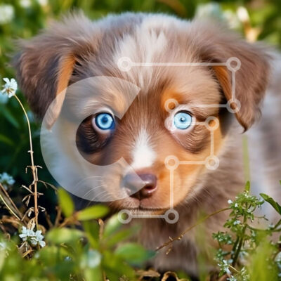 Intra Συλλεκτικό Ξύλινο Παζλ Plywood  4mm - Χαριτωμένη εικόνα ενός κουταβιού σε ένα χωράφι με γρασίδι και λουλούδια Σε Ξύλινο Κουτί - Διαστάσεις: 10x10 cm – 25 κομμάτια - Image 1