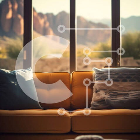 Intra Συλλεκτικό Ξύλινο Παζλ Plywood  4mm - Άνετο σαλόνι με κίτρινο καναπέ και γραφική θέα στο βουνό Σε Ξύλινο Κουτί - Διαστάσεις Puzzle: 10x10 cm – 25 κομμάτια - Image 1