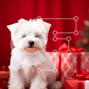 Intra Συλλεκτικό Ξύλινο Παζλ Plywood  4mm - Χαριτωμένο λευκό σκυλί με κόκκινα χριστουγεννιάτικα δώρα και διακοσμήσεις Σε Ξύλινο Κουτί - Διαστάσεις Puzzle: 10x10 cm – 25 κομμάτια - Image 1