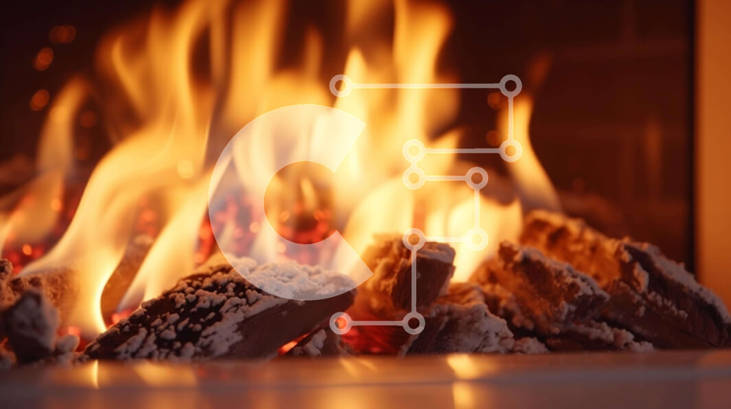 Intra Συλλεκτικό Ξύλινο Παζλ Plywood  4mm - Κοντινή όψη ενός τζακιού με φλόγες και ξύλινους κορμούς Σε Ξύλινο Κουτί - Διαστάσεις Puzzle: 10x10 cm – 25 κομμάτια