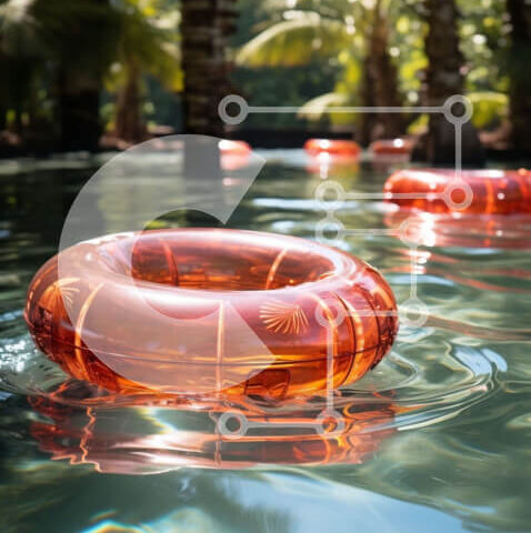 Intra Συλλεκτικό Ξύλινο Παζλ Plywood  4mm - Πολύχρωμα φουσκωτά δαχτυλίδια σε πισίνα που περιβάλλεται από φοίνικες Σε Ξύλινο Κουτί - Διαστάσεις Puzzle: 10x10 cm – 25 κομμάτια - Image 1